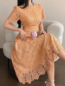 Vestido corto con adorno de encaje en las mangas, vestido mini elegante y refinado - Naranja - Ver 3
