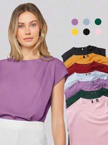 Blusa de mujer con mangas de murciélago asimétricas, de unicolor, estilo básico urbano de viaje, moda elegante y sencilla para negocios casuales, adecuada para maestras y uso en la oficina - Morado - Ver 1