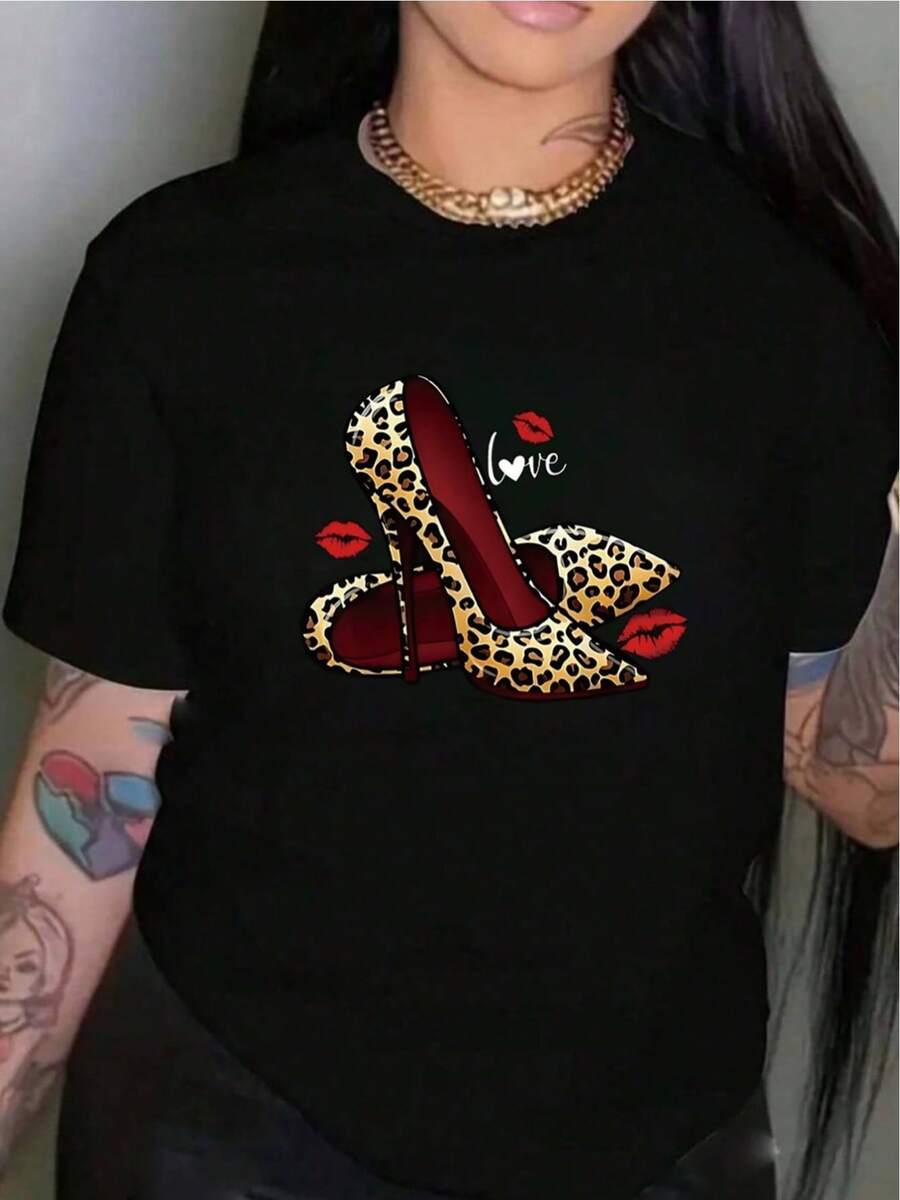 YOCASA Women's Casual Summer T-Shirt, Round Neck, Fitted Short Sleeve, With Oil Painting Print, Floral, Heart, Cherry And Letter Patterns. Simple Casual Fabric, Sporty Style, Ideal For Everyday Wear And Valentine's Day Dates. - 黑色 - 查看 1