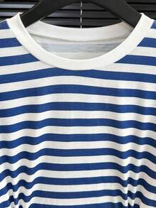 Camiseta de manga corta de cuello redondo con cintura a rayas, casual de verano para mujer - Multicolor - Ver 7