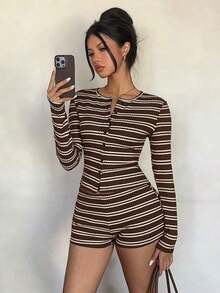 Conjunto de top de manga larga y pantalones cortos a rayas en marrón y azul, para primavera/otoño - Marrón - Ver 7