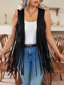 Cazadora sin mangas de unicolor para talla grande, de moda para el verano - Negro - Ver 4
