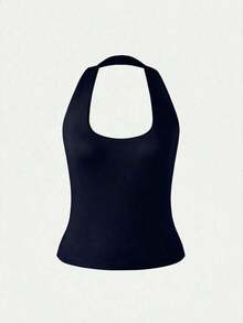 Camiseta sin espalda ajustada de color amarizo sólido con tirantes finos, blusa casual para mujer, adecuada para la playa, el hogar y el uso diario en verano - Azul marino - Ver 6