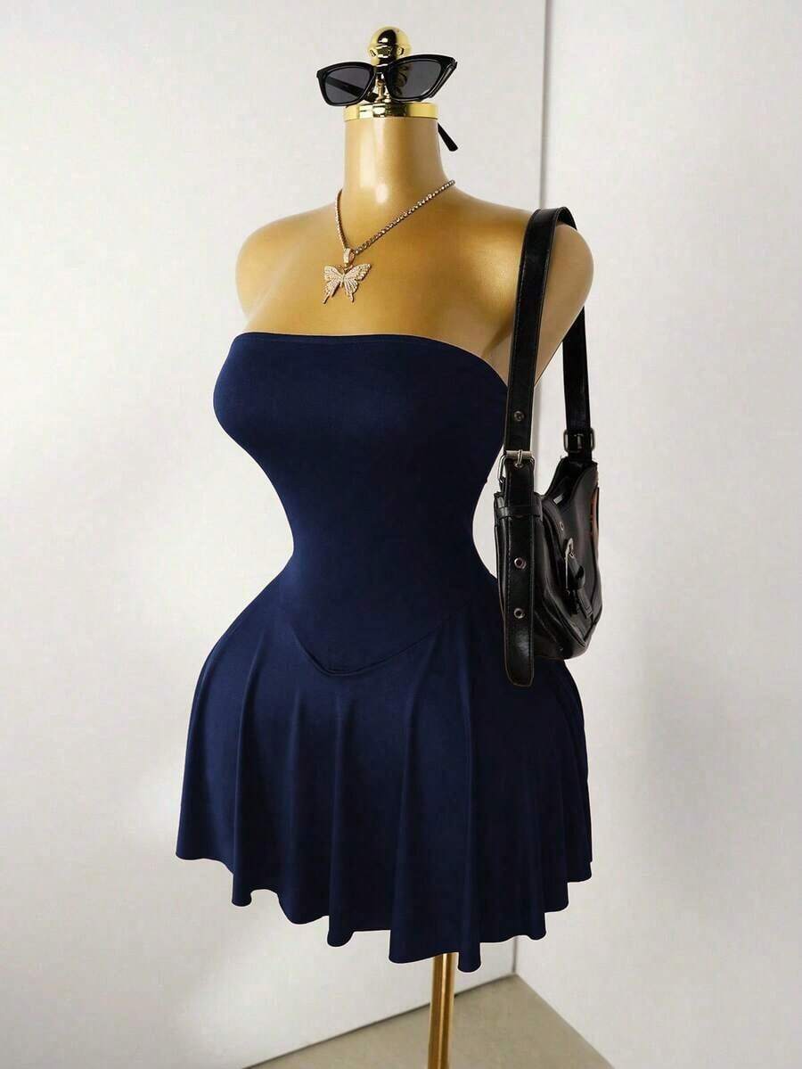 Vestido mini sin tirantes con dobladillo de volantes para mujer - Azul marino - Ver 1