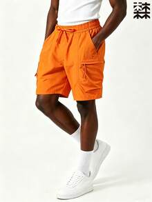 mulinsen Pantalones cortos de hombre de varios bolsillos en color caqui, estilo casual y suelto para deportes al aire libre y senderismo, con cintura elástica y detalles de estilo urbano, para verano - Naranja - Ver 3