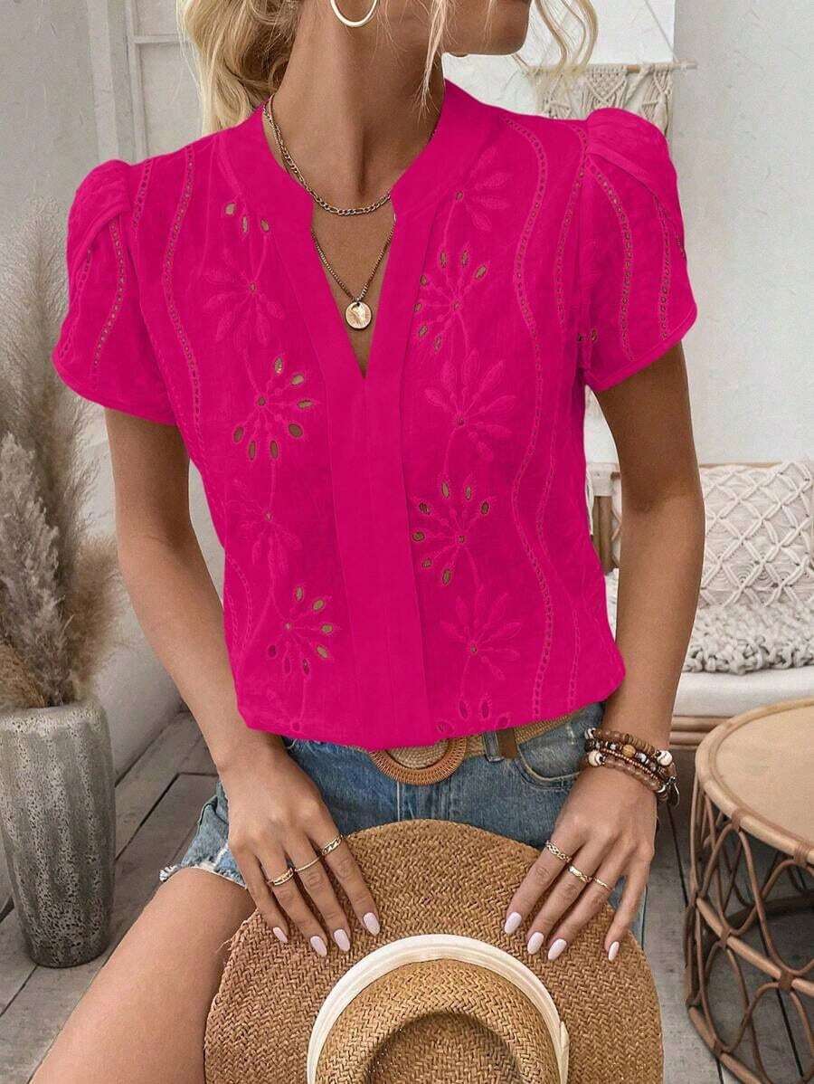 Camisa de mujer con escote en V con muesca, mangas abullonadas, blusa de manga corta - Rosa Fucsia - Ver 1