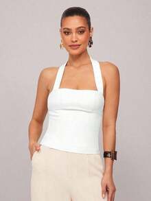 1 Top corto de unicolor con volantes para mujer, camiseta sin mangas ajustada de cuello halter de moda para oficina y transporte, color amarillo mantequilla - Blanco - Ver 6