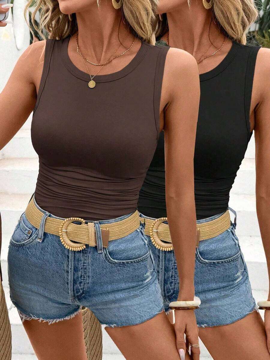 Set de 2 camisetas ajustadas de cuello redondo para mujer, casual, de vuelta al colegio - Multicolor 6 - Ver 1