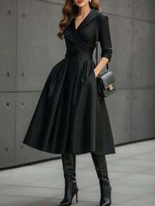 elegante y de moda francés al estilo europeo y americano, vestido formal de cintura ceñida de estilo minimalista, vacacional y casual japonés y coreano, vestido de dama elegante y sexy de escote profundo en V y ajustado al Body para otoño/invierno - Negro - Ver 8
