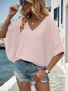 Camisa de manga de murciélago de unicolor casual, verano - Rosa Pálido 2 - Ver 9