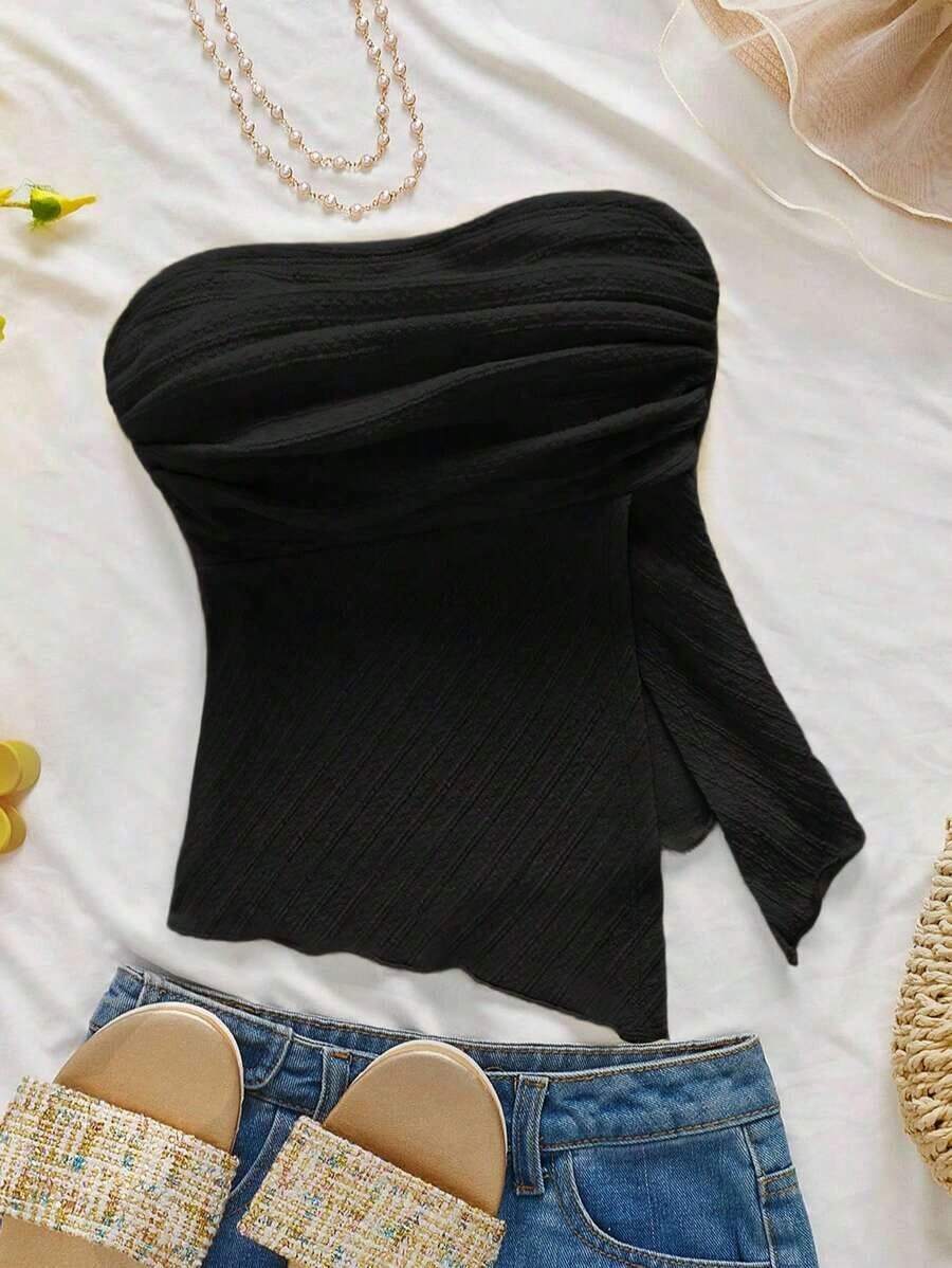 tubo fruncido de estilo elegante, romántico y elegante en color amarillo, apropiado para fiestas, vacaciones en la playa, regreso a la escuela, citas románticas, temporada de bodas, cumpleaños, Pascua, vestimenta de primavera/verano - Negro - Ver 1