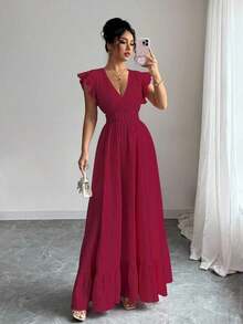 Vestido de vuelo hasta el tobillo con dobladillo de volantes, atuendo de vacaciones y playa para mujeres - Burdeos - Ver 1