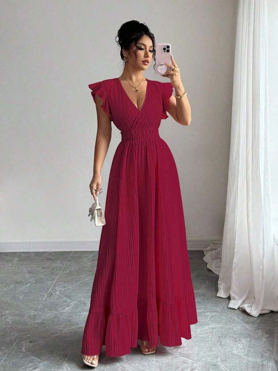 Vestido de vuelo hasta el tobillo con dobladillo de volantes, atuendo de vacaciones y playa para mujeres - Burdeos - Ver 1