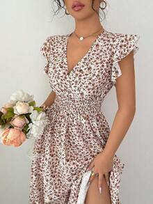 Nuevo vestido casual de vacaciones para mujer con manga corta con volantes, cintura ceñida y estampado floral menudo - Aspecto estilizador y alargador - Multicolor - Ver 4