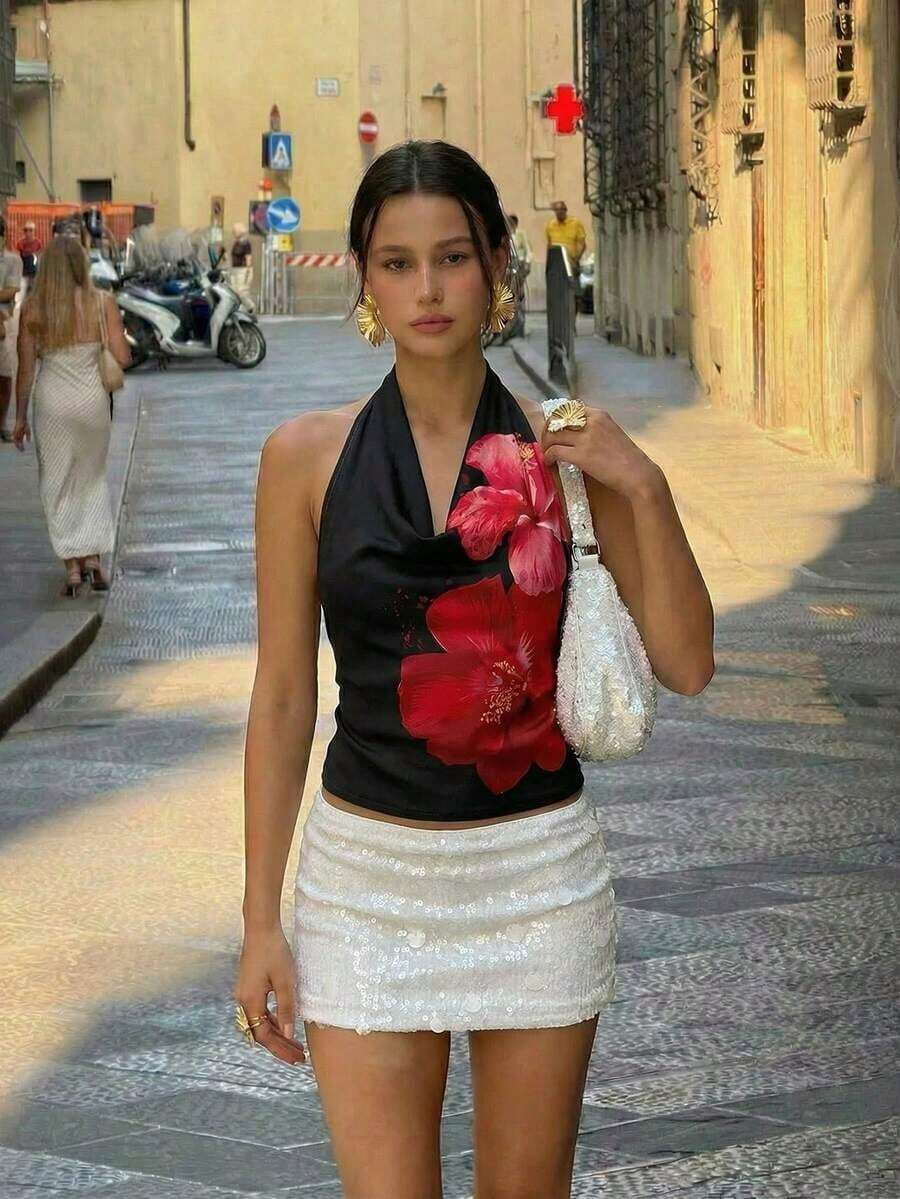 Blusa de mujer con escote profundo drapeado, sin espalda y con lazo trasero, de estilo elegante y sexy - Rojo y negro - Ver 1