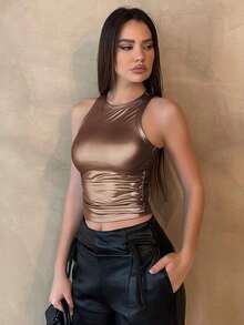 Top Plisado Sin Mangas Y Metálico Para Mujer - Bronce - Ver 5