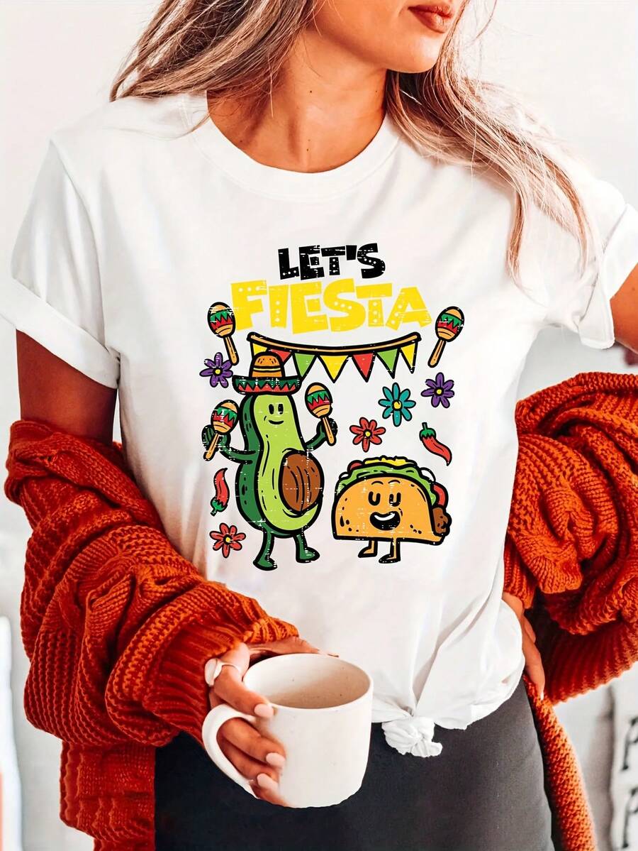 Women's Fun Cinco De Mayo T-Shirt - Let's Celebrate A Mexican Fiesta! Fun Short-Sleeve Top With Avocado And Taco Pattern, Soft, Round Neck, Casual, Suitable For Theme Parties, Machine Washable, Comfortable And Easy Design, Breathable Fabric, Happy New Arrival, Delivered From Local Warehouse, Christmas Clothing For Women, Gift For Women, Beautiful T-Shirt, Patterned Top, T-Shirt - 白色 - 查看 1