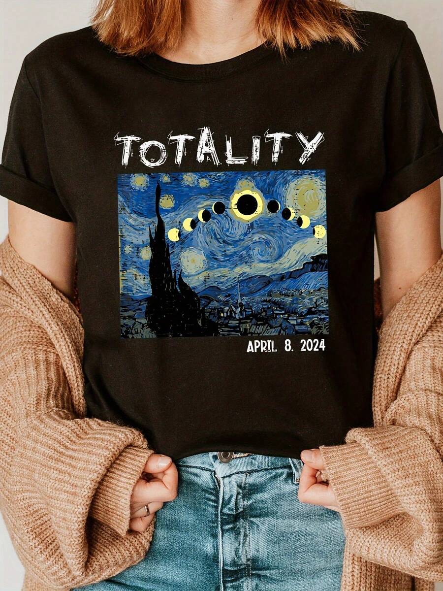 Women's T-Shirt With Starry Sky And Solar Eclipse 2024 Print, Fashion Letter Print T-Shirt, Short Sleeve, Round Neck, Casual Spring Summer Top, Women's Clothing, Tops For Women - 黑色 - 查看 1