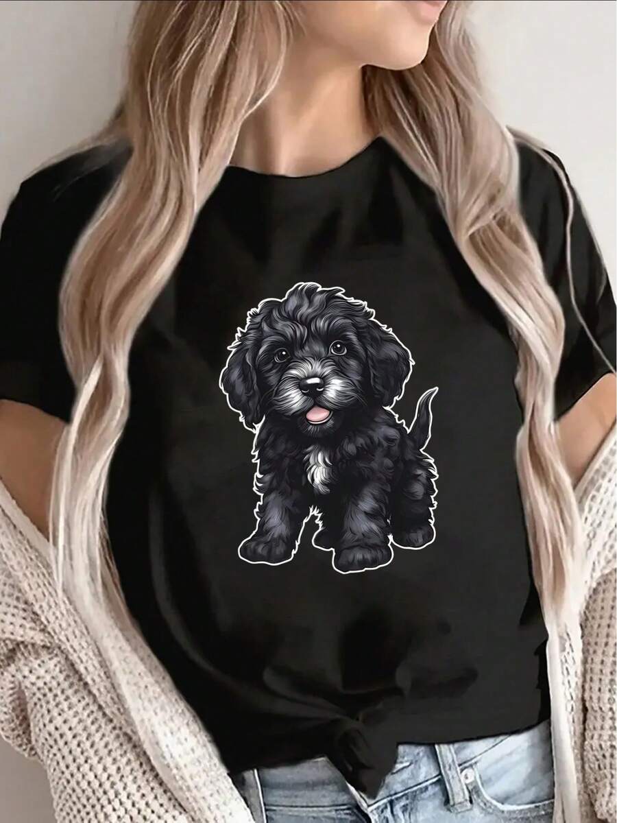 Short-Sleeved Polyester T-Shirt With A Cute Puppy Print, Lightweight And Durable For Casual Wear At Home Or Outdoors, Ideal For Dog Lovers In The Kitchen, Living Room, Or Park. - 黑色 - 查看 1