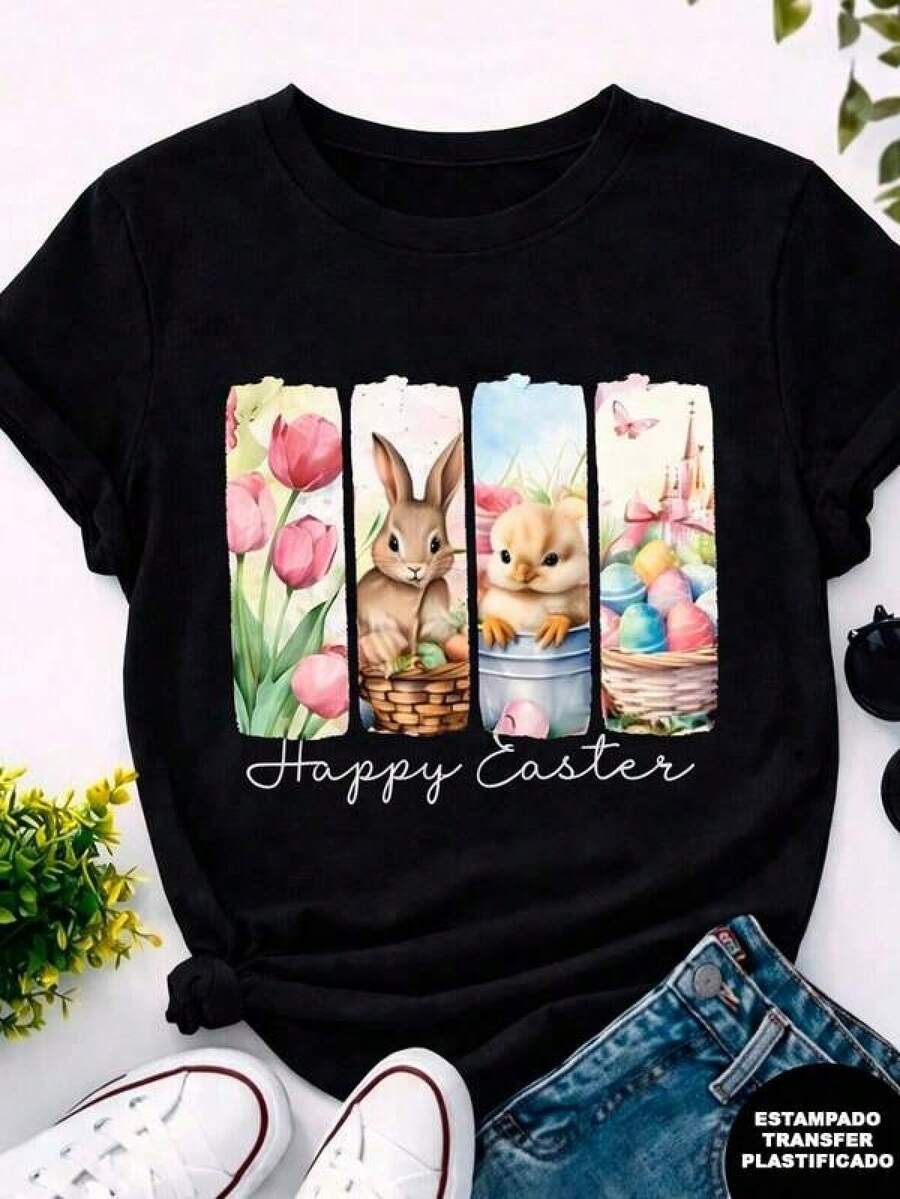 1pc Camisetas para mujer,Camisetas Para Hombre,cuello redondo,estilo urbano juvenil,estilo streetwear,diseño de moda callejera,ideal para uso informal diario - Negro - Ver 1