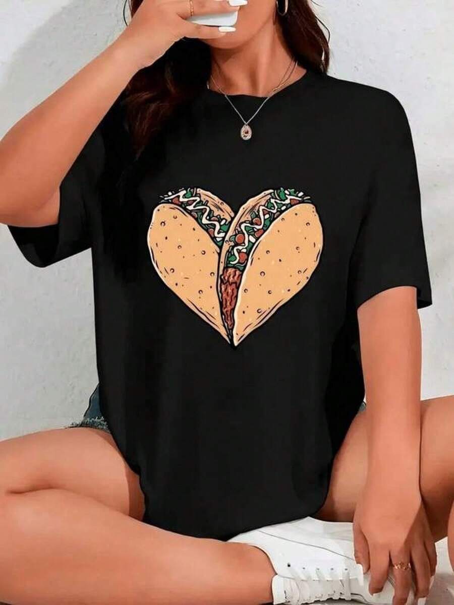 Playera con diseño de tacos que forman un corazón, estampado, casual, divertido, cuello redondo, manga corta, ideal para todos los días, llamativa, moderna, holgada, ideal para tí. 100% algodón, estilo Y2K Bababask - Negro - Ver 1