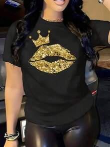 New 2026 Playera moderna, estampado labios con corona, holgada, cuello redondo, manga corta, otoño, ideal para fiestas y uso diario - Negro - Ver 1