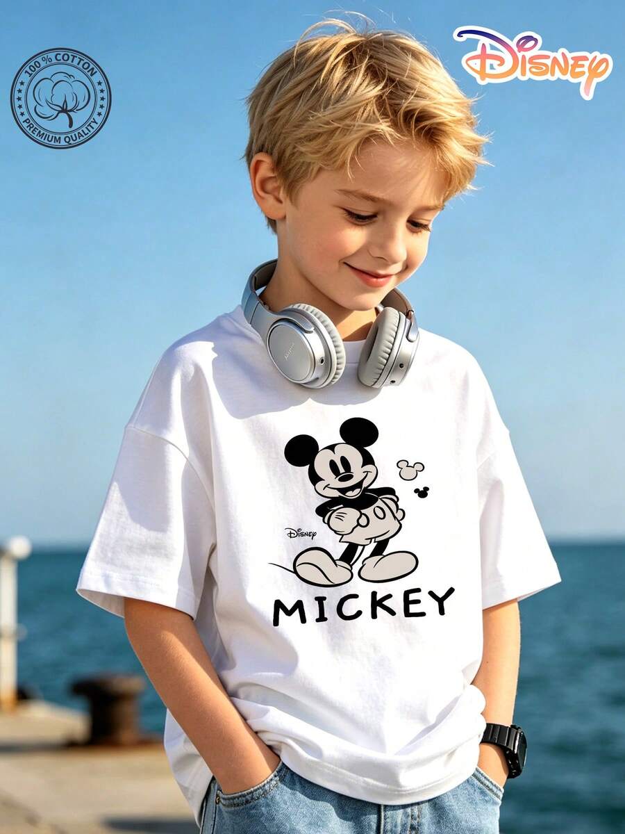 Disney Mickey Mouse Kids T-Shirt, 100% Cotton Minimalist Black & White Graphic Tee, Unisex For Boys & Girls Ages 4-14, Soft Breathable Fade-Resistant Fabric, Ideal For Theme Park, School & Daily Casual Wear, Perfect For Vacation, Birthdays & Children's Day Gifts - White - View 1