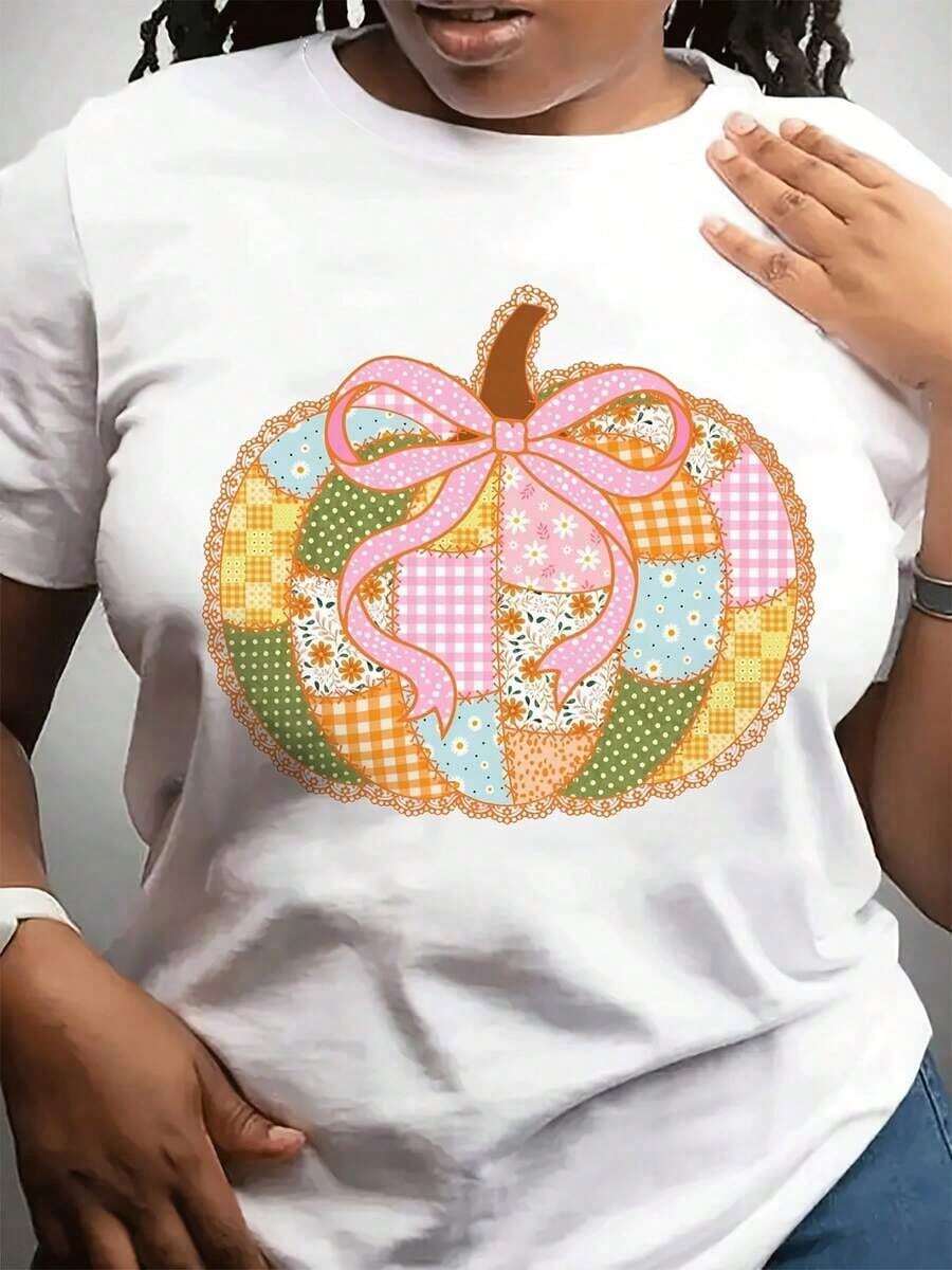 Plus Size Graphic Tee For Women, Pumpkin Print, Casual Summer Tees For Women, 100% Cotton, Soft, Breathable, Loose Fit, Summer Clothes For Women, Streetwear, Party And Festival Outfit, Suitable For Spring, Summer And Autumn. - 白色 - 查看 1