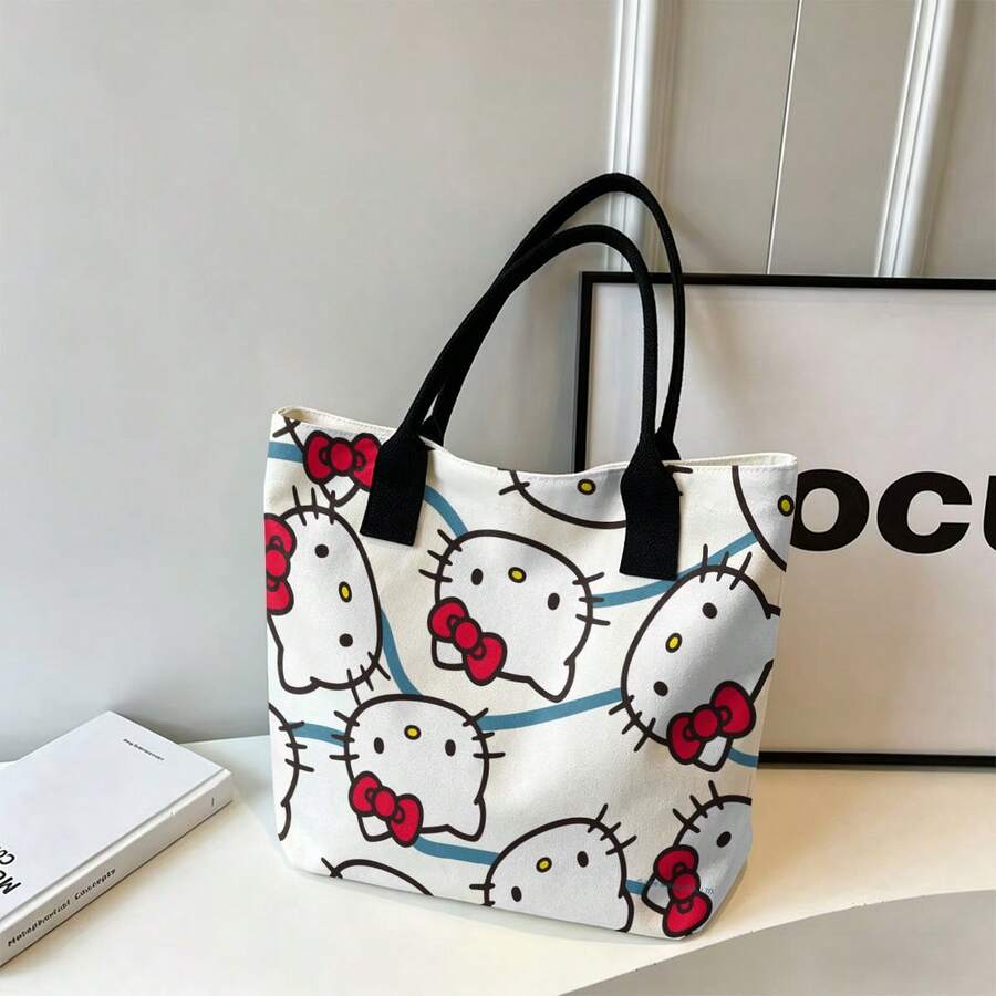 Miniso 三丽鸥 Hello Kitty 简约印花帆布手提包，奶油色单肩包，日常使用 - 黑色 - 查看 1