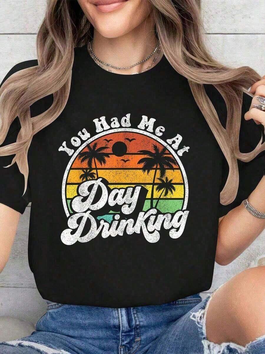 Women's Retro Summer T-Shirt With The Phrase 'You Had Me At Day Drinking', Funny, For Beach, Summer Gift, Casual Short Sleeve Crew Neck T-Shirts For Women, Plus Size, Concert Wear, Graduation Season Wear - 黑色 - 查看 1