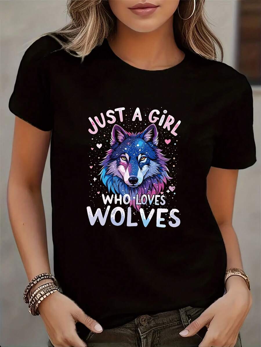Women's Casual Crew Neck T-Shirt With Wolf Graphic Print, Soft Stretch Fabric, Short Sleeve, All-Season Fashion, Casual T-Shirt For Casual Outfits, Playful Graphic T-Shirt, Soft Fabric Shirt. - 黑色 - 查看 1