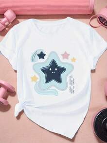 Women's Short Sleeve Sports T-Shirt With Pastel Star Illustration. A Very Distinctive Printed T-Shirt / Unisex Style / Suitable For Both Men And Women / Wrinkle-Resistant / Breathable - 白色 - 查看 8