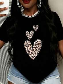 Women's White Heart And Leopard Print T-Shirt, Short Sleeve, Casual Style, For Everyday Wear, Valentine's Day Gift - 黑色 - 查看 7