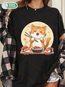 Camiseta Gráfica de Sushi con Gato Kawaii Japonés para Mujer - Adorable Gato Anime con Sushi y Palillos, Camiseta Casual de Manga Corta con Cuello Redondo de 180 g/m² |   Diseño exquisito |   Suelto y cómodo |   Fácil de combinar | - Negro - Ver 6