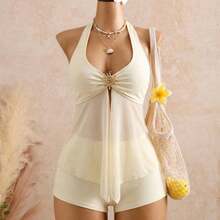 Traje de baño de encaje con cuello halter, tirantes ajustables, volantes, bikini de dos piezas que realza la figura, ideal para aguas termales. - Albaricoque - Ver 5