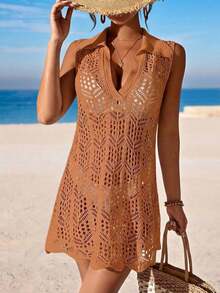 Cubre vestido de punto calado de unicolor para mujer, para el verano - Naranja Quemada - Ver 3