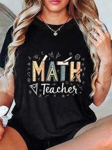 Camiseta de cuello redondo para mujer, corte regular, con estampado de reglas, transportadores, símbolos de fórmulas matemáticas y letras, para primavera y verano, atuendo casual diario de verano. - Negro - Ver 8