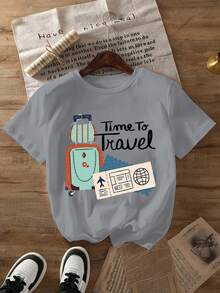 1 pieza [Orientación a la Naturaleza] Camiseta con estampado de letras 'TIME TO TRAVEL', nueva camiseta de cuello redondo para primavera/verano, ropa de mujer, 180g, 100% algodón. - Negro - Ver 8