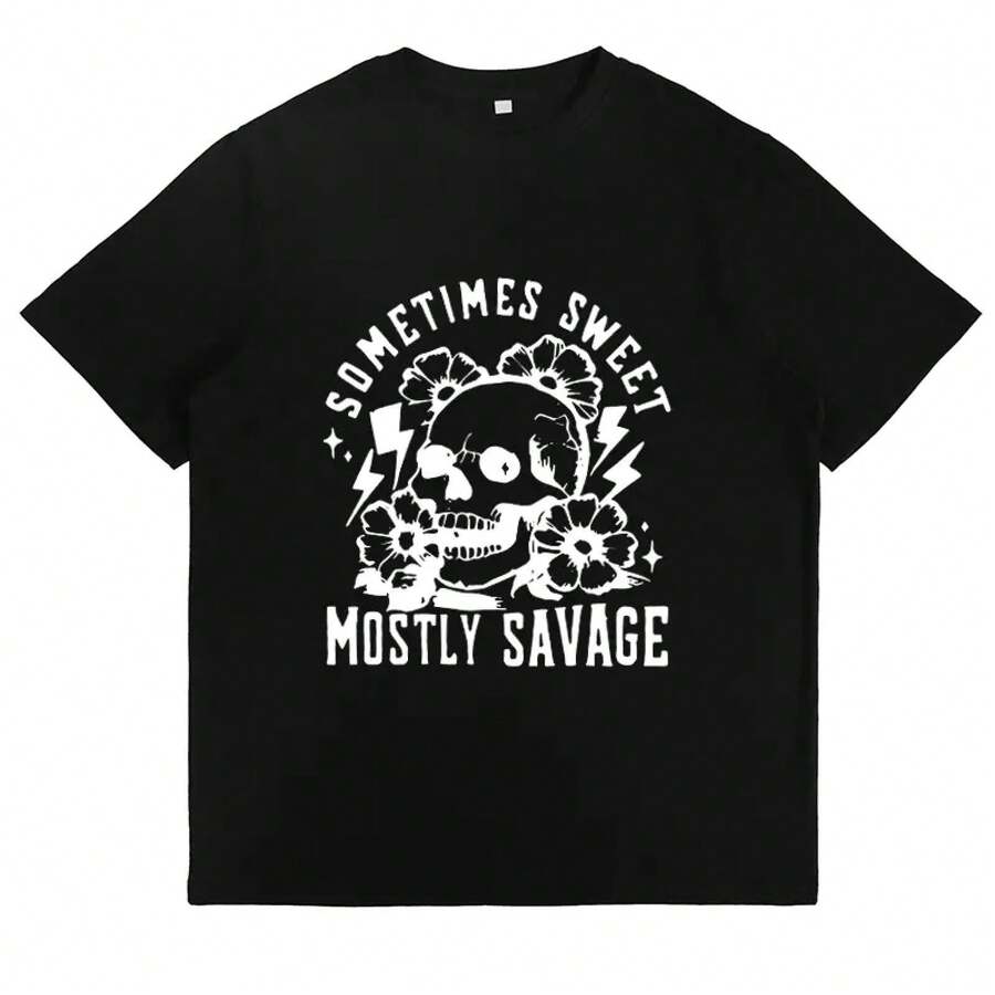 Women's Short Sleeve Crew Neck T-Shirt - Soft Cotton, Skull, Flower And Lightning Bolt Print, Sometimes Sweet And Sometimes Wild Design, Casual Summer Top For Urban Wear, Gift Idea, Short Sleeve. - 黑色 - 查看 1