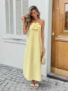 YHHSylviya Vestido maxi con abertura y estampado floral 3D en escote halter, vestido de verano de color amarillo mantequilla para mujer, atuendos de verano, atuendos de vacaciones, atuendos de playa, vestidos de graduación, ropa de verano, vestidos de vacaciones, vestidos de playa, ropa de vacaciones, estilo bohemio, atuendos para salir, vacacionesYHH - Butter Yellow - Ver 3