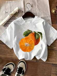 Playera para Mujer 100% Algodón Transpirable | Camiseta Casual de Manga Corta Rosa Brillante para Mujeres - Top de Cuello Redondo de Suave con Estampado Geométrico de Rodajas y Hojas de Naranja Vibrante, Lavable a Máquina para Atuendo Casual de Primavera Verano, Camiseta con Estampado de Frutas, Tela para Todas las Estaciones, - Ideal para el Verano - Blanco - Ver 2