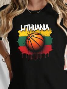 Camiseta con estampado de colores de la bandera de baloncesto de Lituania, manga corta y cuello redondo, prenda superior casual para verano y primavera, ropa de mujer - Negro - Ver 1