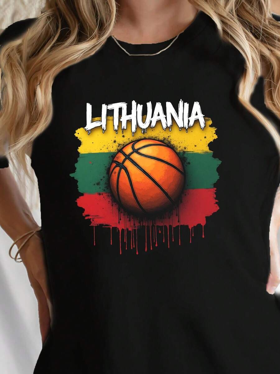 Camiseta con estampado de colores de la bandera de baloncesto de Lituania, manga corta y cuello redondo, prenda superior casual para verano y primavera, ropa de mujer - Negro - Ver 1