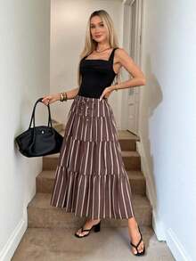 Falda casual de mujer con volantes y rayas, con cintura anudada - Marrón - Ver 6
