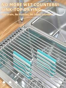 1件 47cm 15管不鏽鋼可折疊水槽瀝水架，可捲起式省空間碗盤晾乾架，適用廚房洗碗、晾乾與瀝水，布料與海綿晾乾架 - 淺灰色 - 查看 3