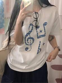 Women's Loose-Fitting Short-Sleeved Custom T-Shirt, Sweet And Modern Casual Style, With Star And Musical Symbol Print, Made Of Pure Cotton Fabric, Suitable For Everyday Summer Wear, Versatile And Casual - Unisex Loose-Fitting Short-Sleeved Cotton T-Shirt With Vintage-Style Round Neck. - 白色 - 查看 2