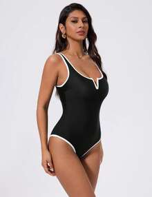 New One-Piece Swimsuit With Sexy Deep V Bikini Design, Solid Color, Body-Hugging. - Black - View 11