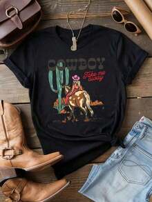 conjuntos de mujer2026Women's Cotton Graphic T-Shirt - Cowgirl Take Me Away Desert Print, Loose Fit Short Sleeve Round Neck, Breathable Casual Summer Tee For Parties & Daily Wear, Ladies T Shirts, Cowboy Theme Shirt, Comfortable Fabric, Party Outfit, Cartoon Design, Soft Material, Printed Top, Adults-High Qualitycoolplayeras de mujer - Negro - Ver 1