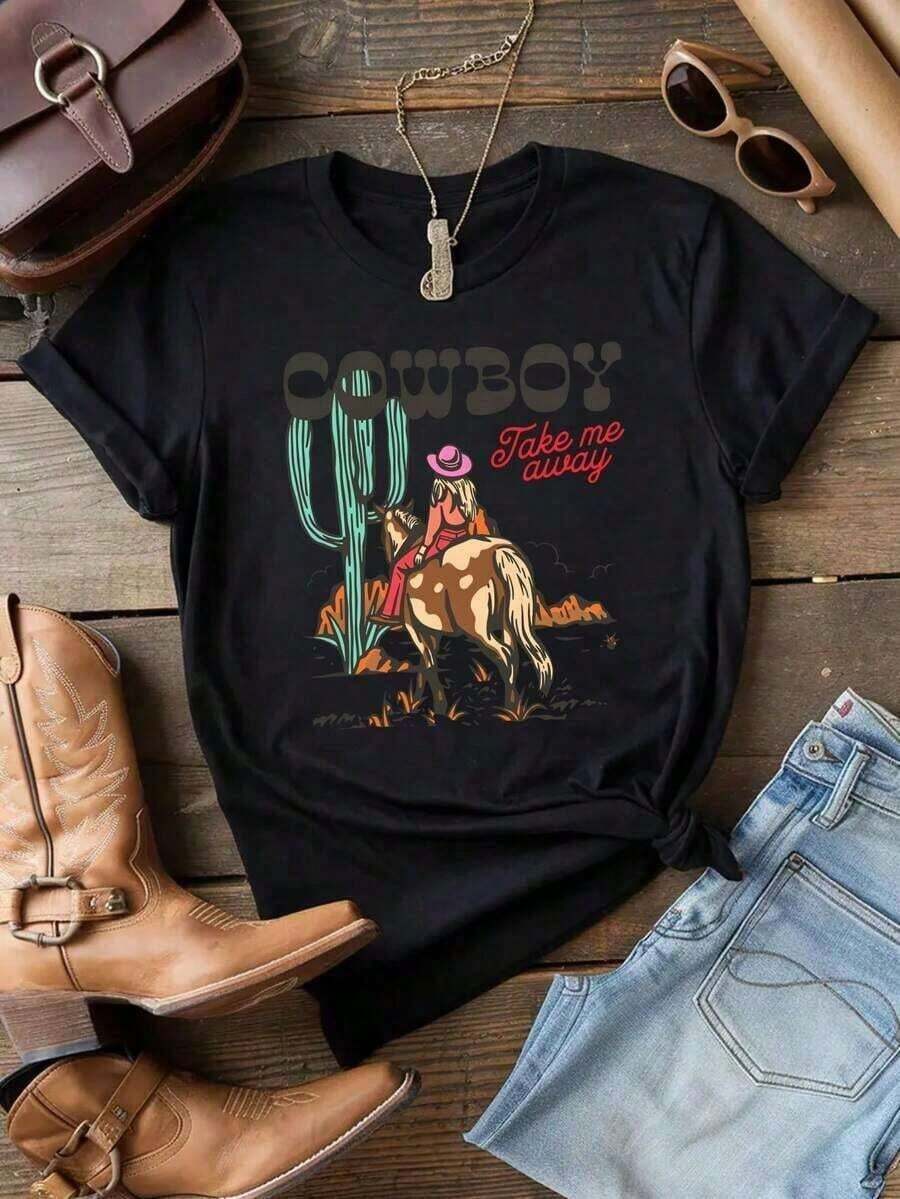 conjuntos de mujer2026Women's Cotton Graphic T-Shirt - Cowgirl Take Me Away Desert Print, Loose Fit Short Sleeve Round Neck, Breathable Casual Summer Tee For Parties & Daily Wear, Ladies T Shirts, Cowboy Theme Shirt, Comfortable Fabric, Party Outfit, Cartoon Design, Soft Material, Printed Top, Adults-High Qualitycoolplayeras de mujer - Negro - Ver 1