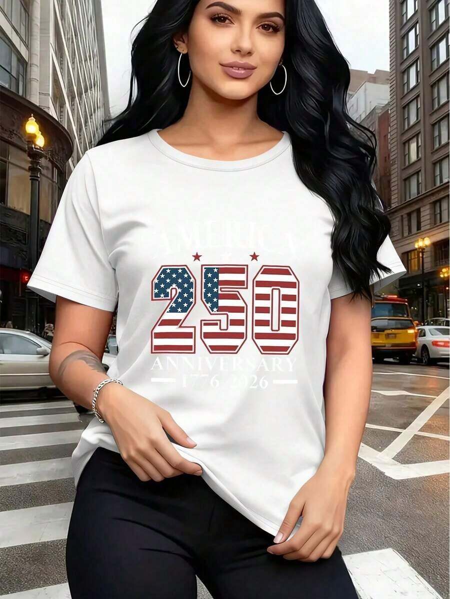 Camiseta cómoda para mujer, edición 250º aniversario de Estados Unidos - Manga corta, cuello redondo, adecuada para uso en exteriores, en casa y en el día a día - Camiseta lavable para ir al trabajo y de vacaciones - 250 años de diseño - Estilo vintage urbano, unisex, holgada, de algodón, manga corta y cuello redondo. - Blanco - Ver 1
